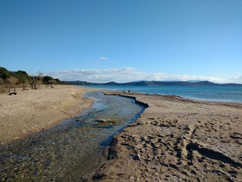 Scenic view of beach against clear blue sky