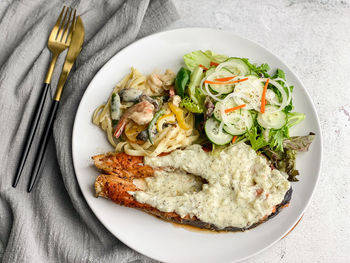 High angle view of food in plate on table