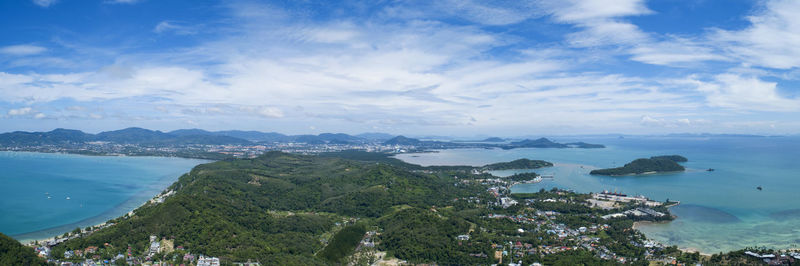 High angle view of bay against sky