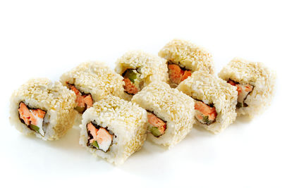 Close-up of dessert against white background