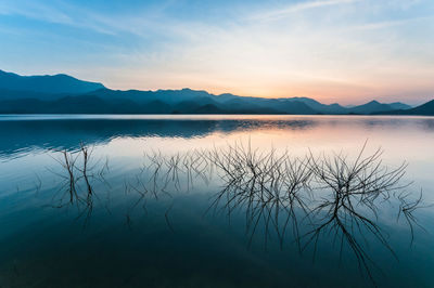 Scenic view of lake against sky during sunset