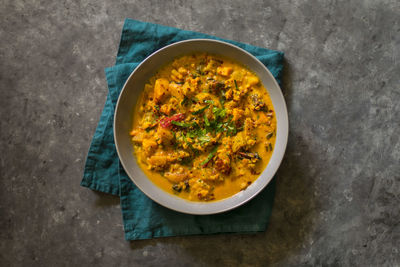 High angle view of soup in bowl