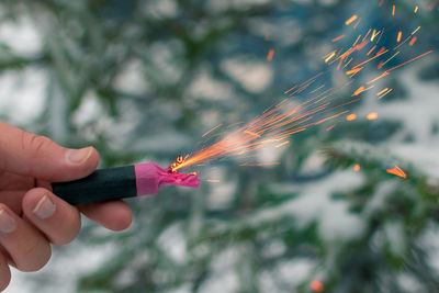 Burning firecracker in a hand. sparks and smoke of petard