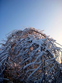 Stack of fishing net against clear sky