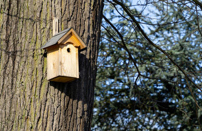 Low angle view of birdhouse on tree trunk