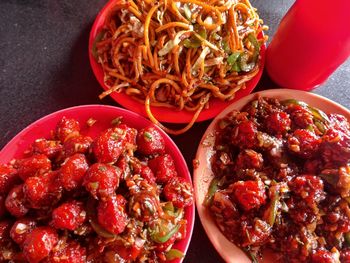 High angle view of noodles in bowl on table