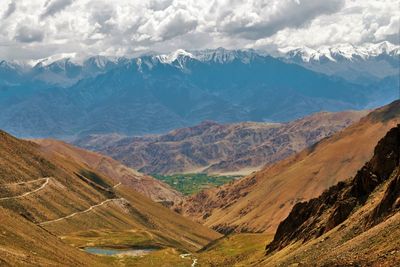 Scenic view of mountains against cloudy sky