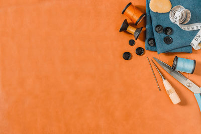 High angle view of messy table