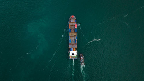 High angle view of ship in sea