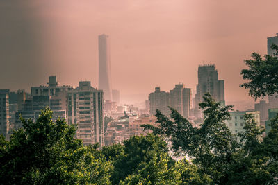 Trees and buildings against sky during sunset in macau 