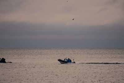 View of bird flying over sea against sunset sky