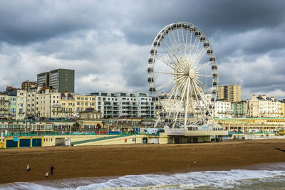 Ferries wheel against built structures