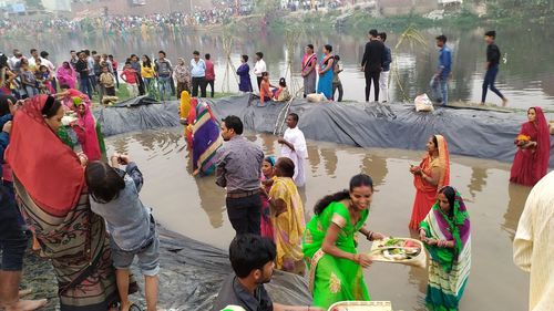 High angle view of people at market