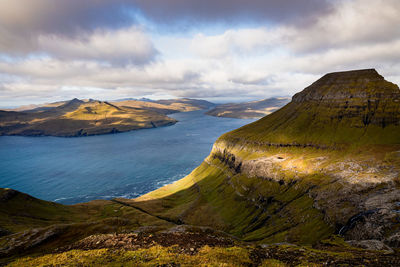 Scenic view of land and mountains against sky