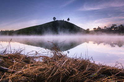 Scenic view of lake against sky during sunset