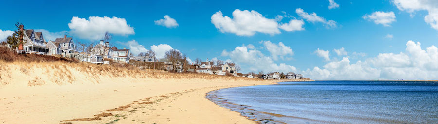 Blue sky over chatham lighthouse beach on a sunny day in winter