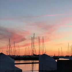 Sailboats moored at harbor during sunset