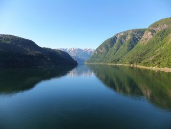 Scenic view of lake and mountains against clear blue sky