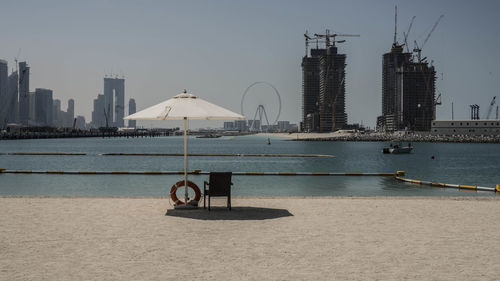 Scenic view of sea and buildings against sky