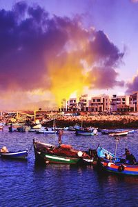 Boats in harbor at sunset