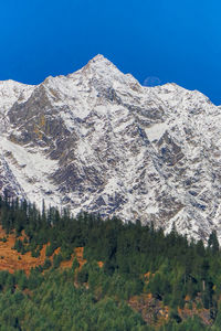 Scenic view of snowcapped mountains against clear blue sky