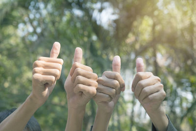 Close-up of hands gesturing thumbs up against trees