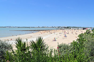 Group of people on beach against clear blue sky