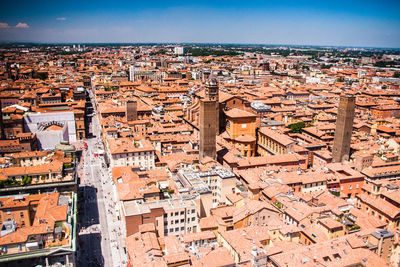 High angle view of buildings in city against sky