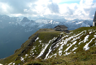 Scenic view of snowcapped mountains against sky