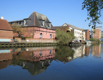 Reflection of building in lake against clear sky