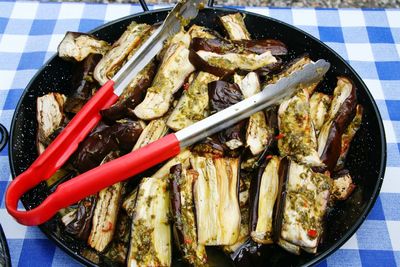 High angle view of meat in plate on table
