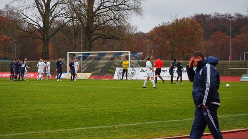 People on soccer field against trees