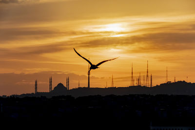 Silhouette wind turbines on land against sky during sunset