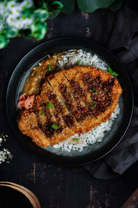 High angle view of meal served on table