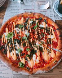 High angle view of pizza on table