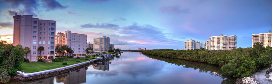 Calm water at sunset over wiggins pass on the riverway out to delnor wiggins state park in naples