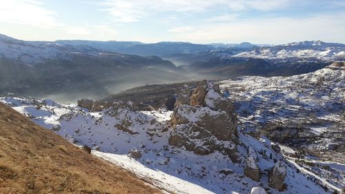 Scenic view of snowcapped mountains against sky