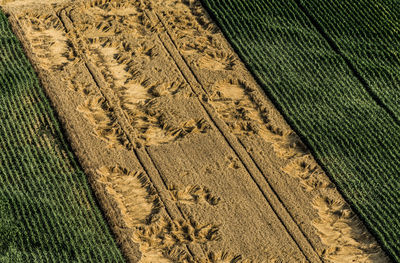 Full frame shot of tire tracks on land