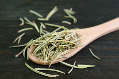 Closeup aromatic dried rosemary in a wooden spoon