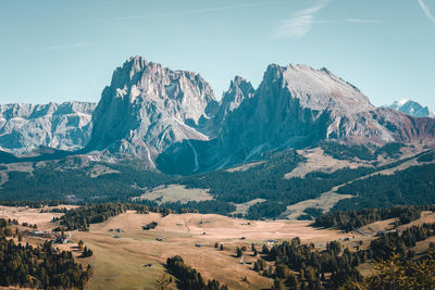 Panoramic view of snowcapped mountains against sky