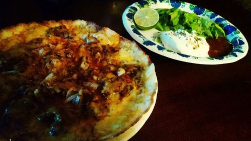 High angle view of food served in plate