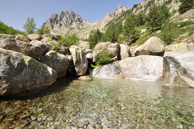 Scenic view of waterfall against sky