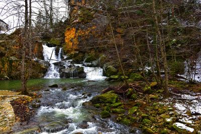 Scenic view of waterfall in forest during autumn