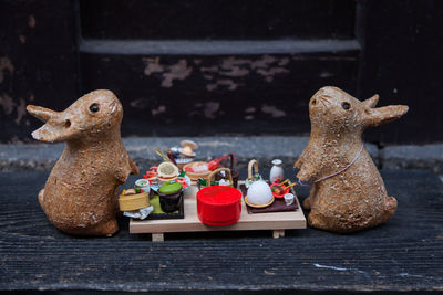 View of stuffed toys on table