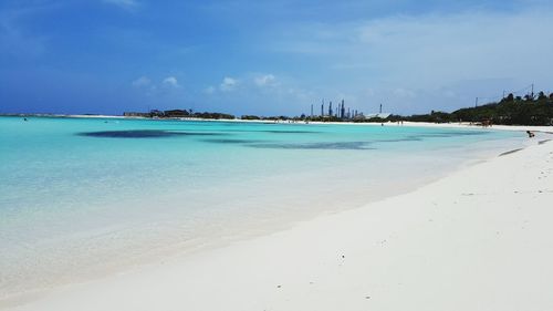 Scenic view of beach against blue sky