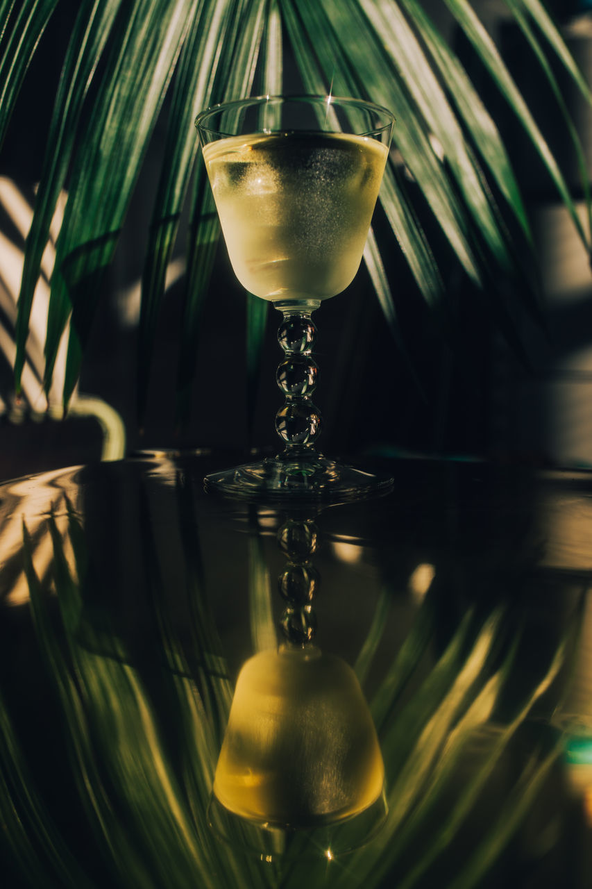 green, glass, yellow, food and drink, drink, refreshment, reflection, light, no people, close-up, alcohol, household equipment, drinking glass, indoors, macro photography, freshness, leaf, darkness, alcoholic beverage, lighting, nature, cocktail, food, still life, wine glass, water