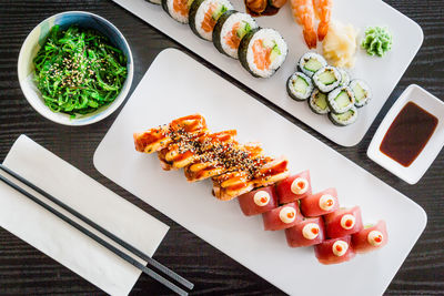 High angle view of sushi served on table