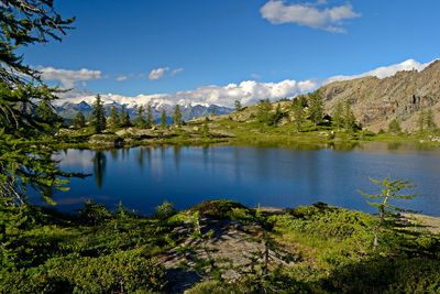 Scenic view of lake and mountains against sky