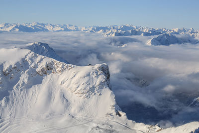 Scenic view of snowcapped mountains against sky