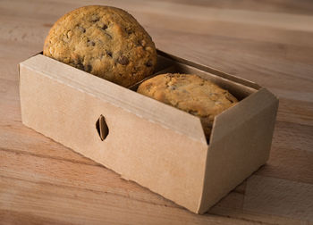 Close-up of cookies in box on table